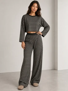 ELLERISSA Grey Striped Round Neck Long Sleeve Boxy Top & Wide Leg Pants Co-Ord Lounge Set - Grey - View 1