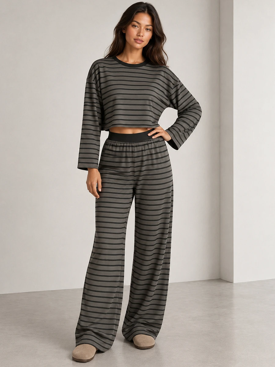 ELLERISSA Grey Striped Round Neck Long Sleeve Boxy Top & Wide Leg Pants Co-Ord Lounge Set - Grey - View 1