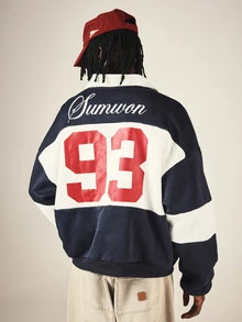 SUMWON Oversized Color Block Sweatshirt With Collared Neckline Varsity Number 93 Back Print Long Sleeve Pullover Top - Black and White - View 1