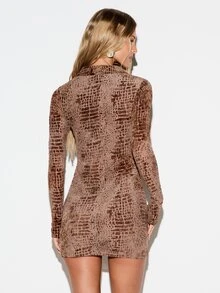 KIZN Crocodile Print Mini Dress With Collared V-Neck Long Sleeve Bodycon Stretch Fit Party Night Out Fall Winter Style - Multicolor - View 2