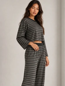 ELLERISSA Grey Striped Round Neck Long Sleeve Boxy Top & Wide Leg Pants Co-Ord Lounge Set - Grey - View 6