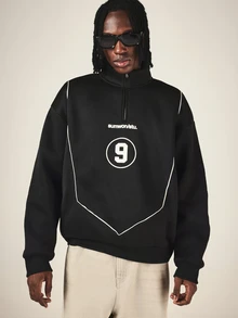 SUMWON Oversized Varsity Number 9 Applique Sweatshirt High Neck Long Sleeve Contrast Piping Back Graphic Pullover Top - Black - View 4