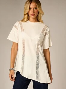 AiiRZ Cream Oversized Longline T-Shirt With Floral Lace Panel Inserts Crew Neck Short Sleeve Top Spring Summer Festival Style - White - View 1