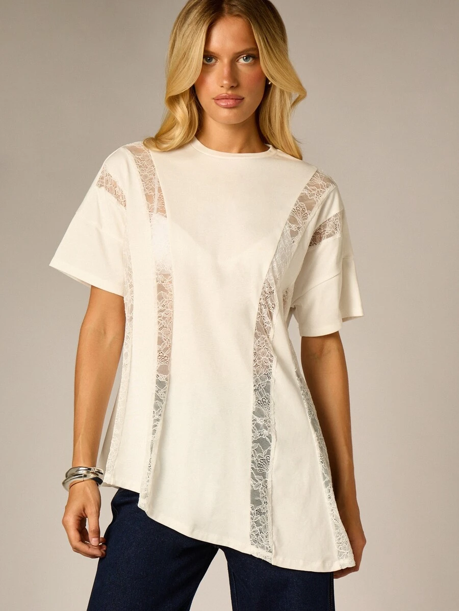 AiiRZ Cream Oversized Longline T-Shirt With Floral Lace Panel Inserts Crew Neck Short Sleeve Top Spring Summer Festival Style - White - View 1