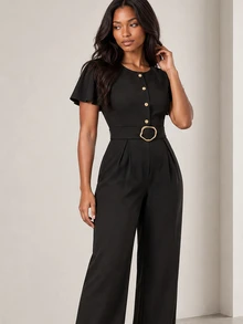 ELLERISSA Black Round Neck Short Sleeve Belted Wide Leg Jumpsuit - Black - View 6