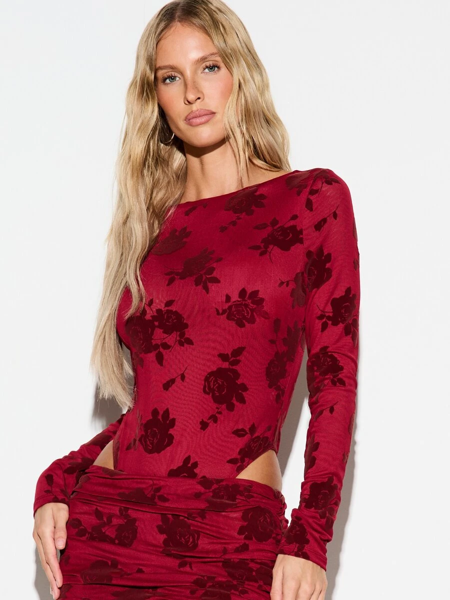 KIZN Floral Velvet Burnout Long Sleeve Bodysuit With Boat Neck And Cut-Out Hem Detail Perfect For Valentine Date Night - Burgundy - View 1