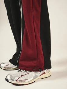 PLAYBOY X SUMWON Bunny Logo Wide Leg Track Pants With Contrast Burgundy Side Panel And White Piping Detail Full Length - Multicolor - View 6