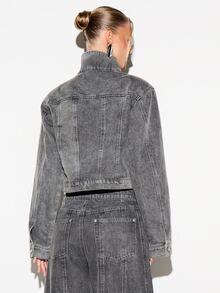 KIZN Oversized Cropped Trucker Denim Jacket With Stand Collar Button Closure And Chest Pockets Vintage Washed Finish Fall Winter Essential - Grey - View 2