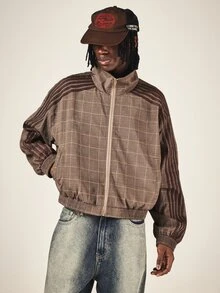 SUMWON Men's Oversized Plaid Track Jacket With Full Zip Closure Ribbed Hem Stripe Sleeve Detail Hip Length Fall Winter Outerwear - Black - View 4