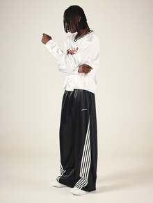 SUMWON Wide Leg Satin Track Pants With Side Stripe Contrast Detailing Drawstring Waist And Script Logo Print - Black - View 3
