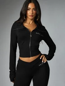 BABYPHAT Cropped Zip-Up Jacket With Silver Logo Script, Long Sleeve Form-Fitting Top With Contrast Zipper Trim Detail - Black - View 1
