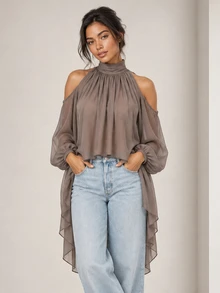 ELLERISSA Khaki High Neck Cold Shoulder Long Sleeve High-Low Chiffon Blouse - Khaki - View 6