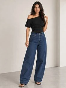 ELLERISSA Dark Wash Raw Denim Horseshoe Barrel Jeans High Rise Wide Leg Tapered Hem Fit - Dark Wash - View 3