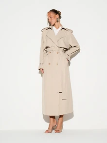 KIZN Oversized Maxi Trench Coat Double Breasted Belted Full Length Lapel Collar Gold Button Detail Classic Outerwear Fall Winter - Khaki - View 3