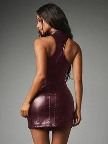 MISSGUIDED Faux Leather Crocodile Embossed Mini Dress With Front Zip And Racerback Cut - Party Night Out Holiday Season - Burgundy - View 4