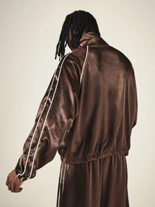 SUMWON Satin Finish Track Jacket With Full Zip Closure Contrast Piping And Embroidered Logo Hip Length Oversized Fit Long Sleeve - Coffee Brown - View 2