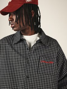 SUMWON Checked Grid Pattern Oversized Long Sleeve Button-Up Shirt With Red Embroidery Script Logo Chest Pocket Casual Streetwear - Black - View 5