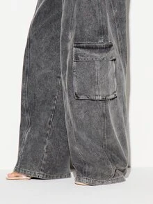 KIZN Wide Leg Cargo Denim Jeans With Side Flap Pockets Acid Washed Relaxed Fit High Street Style Full Length Trousers - Grey - View 5