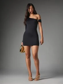 MISSGUIDED Asymmetric One-Shoulder Mini Dress With Long Sleeve And Short Sleeve Detail Gold Hardware Bodycon Fit Party Night Out - Black - View 3