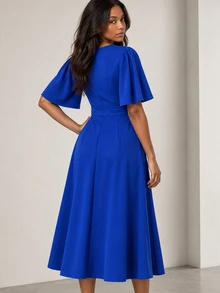 ELLERISSA Navy Blue Round Neck Short Sleeve Belted Midi Dress - Navy Blue - View 2
