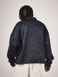 SUMWON Club New York Varsity Graphic Collared Sweatshirt Oversized Long Sleeve Washed Pullover With Snap Button Placket - Black - View 2