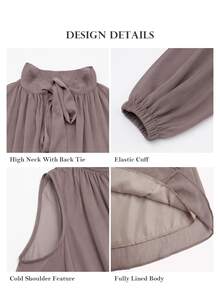 ELLERISSA Khaki High Neck Cold Shoulder Long Sleeve High-Low Chiffon Blouse - Khaki - View 7