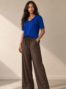 ELLERISSA Blue V-Neck Short Sleeve Relaxed Top & Brown Wide Leg Satin Pants Co-Ord Set - Brown - View 4