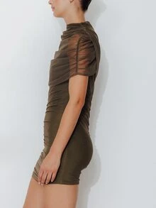 Pimkie Edition Women's Solid Color Contrast Mesh Pleated Fitted Fashion Dress - Army Green - View 4