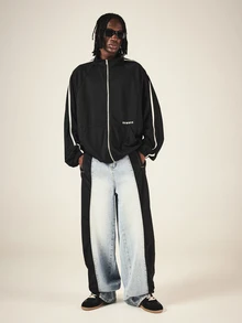 SUMWON Oversized Track Jacket Full Zip Mandarin Collar White Side Stripe Contrast Detail Elasticated Hem Long Sleeve - Black - View 3