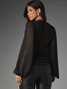 MISSGUIDED Deep Plunge Chiffon Blouse With Puff Long Sleeves And Gold Snake Clasp Closure Crop Party Night Out Top - Black - View 2