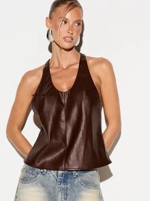 KIZN Faux Leather Sleeveless V-Neck Tank Top With Racerback Spaghetti Strap Strap Detail Structured Fit Summer Night Out Style - Brown - View 4