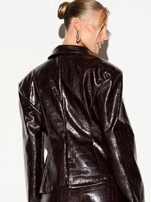 KIZN Faux Leather Crocodile Embossed Zip-Up Jacket With Stand Collar And Long Sleeves Fall Winter Outerwear - Burgundy - View 2