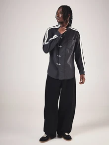 SUMWON Mandarin Collar Pinstripe Shirt With Metal Hook Closures And Racing Stripe Sleeves For Spring Occasions - Black - View 4
