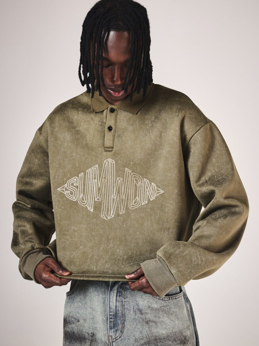 SUMWON Washed Oversized Rugby Polo Sweatshirt With Collar Long Sleeve Chest Logo Print Casual Street Style Top - Green - View 1