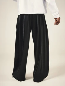 SUMWON Wide Leg Satin Track Pants With Side Stripe Contrast Detailing Drawstring Waist And Script Logo Print - Black - View 2