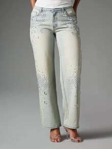 MISSGUIDED Light Wash Straight Leg Jeans With Crystal Rhinestone Embellishments AOP Mid Rise Full Length Denim Pants Festival Holiday Party - Light Wash - View 1