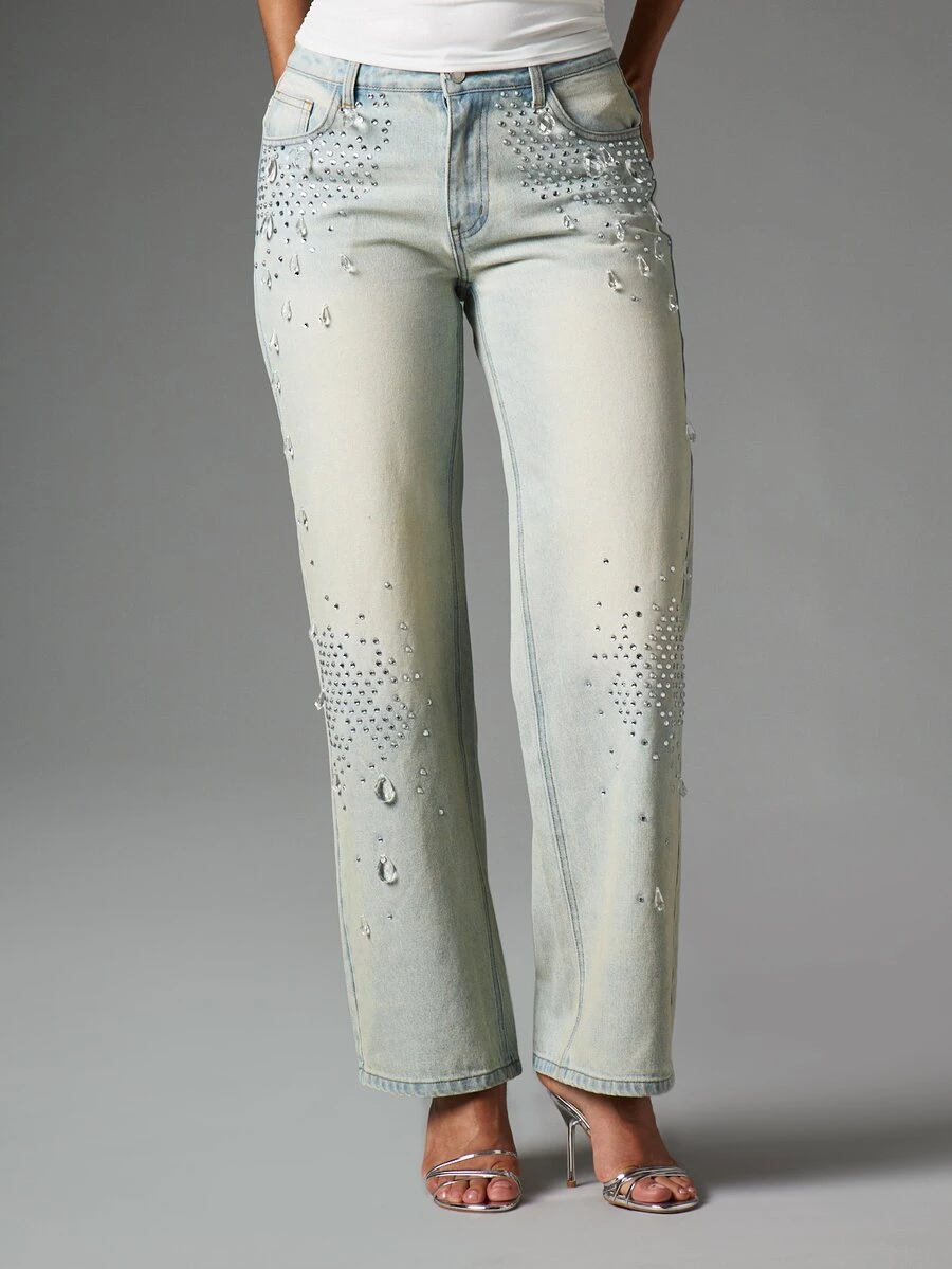 MISSGUIDED Light Wash Straight Leg Jeans With Crystal Rhinestone Embellishments AOP Mid Rise Full Length Denim Pants Festival Holiday Party - Light Wash - View 1
