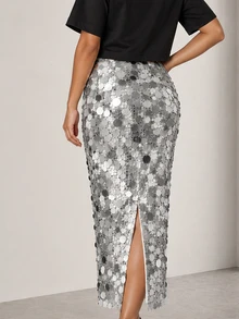ELLERISSA Silver Sequin 3D Premium Embellished Straight Midaxi Pencil Party Skirt - Silver - View 6