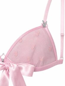 Missguided x Playboy Bunny Logo Bralette And Side-Tie Bikini Brief Set With Satin Bow Detail And Emblem Accent Valentine Gift - Pink - View 3