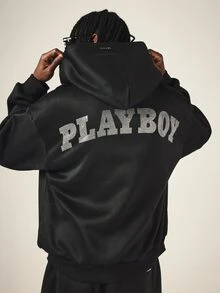 PLAYBOY X SUMWON Rhinestone Logo Oversized Pullover Hoodie With Full Back Crystal Text Embellishment Long Sleeve Casual Winter Essential - Black - View 1