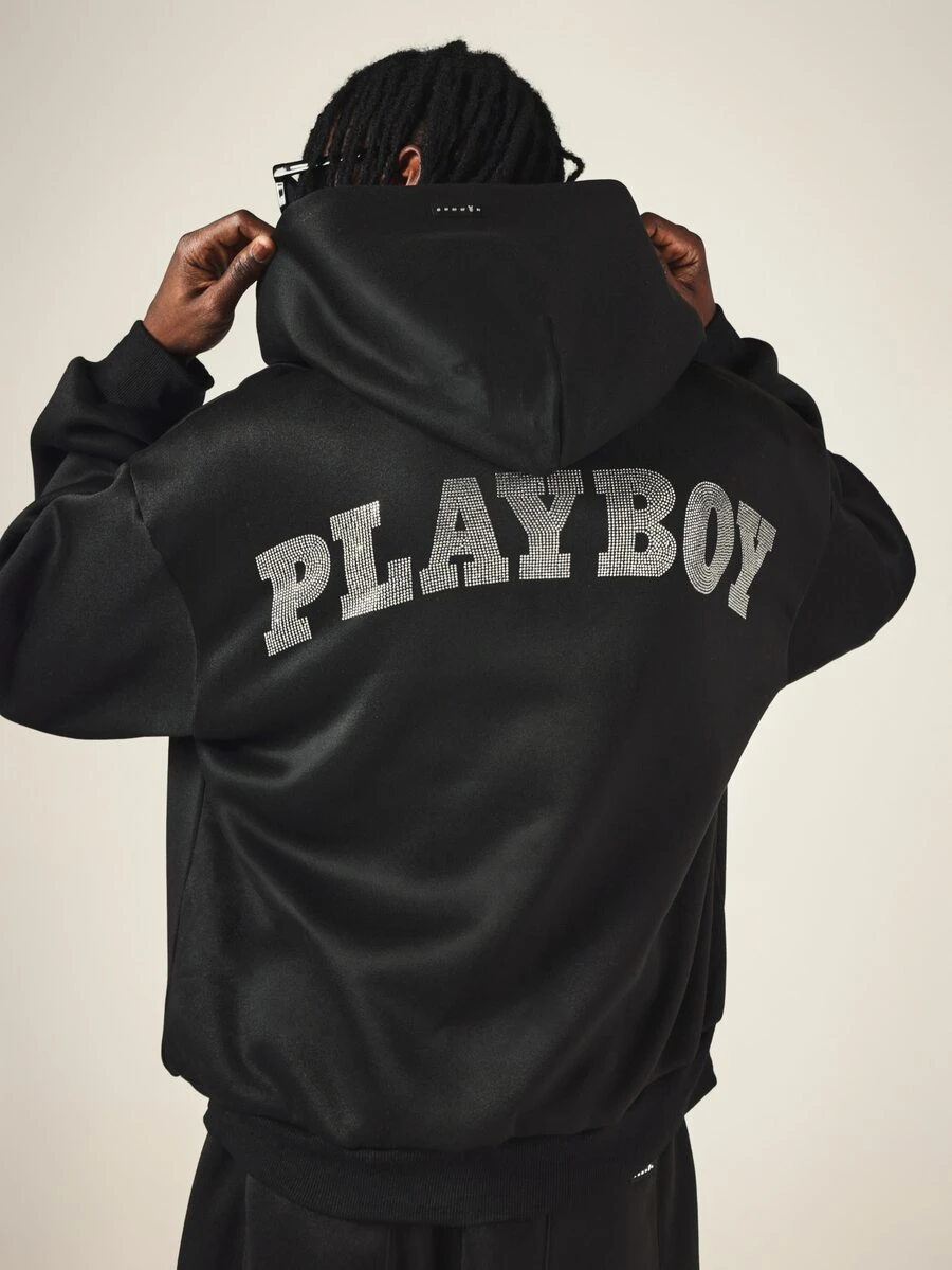 PLAYBOY X SUMWON Rhinestone Logo Oversized Pullover Hoodie With Full Back Crystal Text Embellishment Long Sleeve Casual Winter Essential - Black - View 1