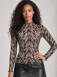 ELLERISSA Multicolor Tiger Print Mesh Long Sleeve Mock Neck Top - Multicolor - View 3