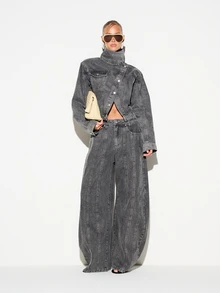 KIZN Oversized Cropped Trucker Denim Jacket With Stand Collar Button Closure And Chest Pockets Vintage Washed Finish Fall Winter Essential - Grey - View 3