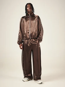 SUMWON Satin Finish Track Jacket With Full Zip Closure Contrast Piping And Embroidered Logo Hip Length Oversized Fit Long Sleeve - Coffee Brown - View 3