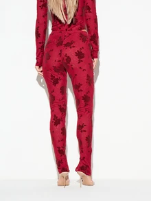 KIZN Floral Print High Rise Skinny Leggings With Front Split Hem Stretch Fit Full Length Rose Pattern Valentine Date Night - Burgundy - View 3
