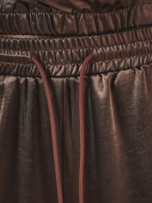 SUMWON Wide Leg Satin Track Pants With White Contrast Piping And Script Logo Embroidery Elastic Waist Pull-On Style - Coffee Brown - View 6