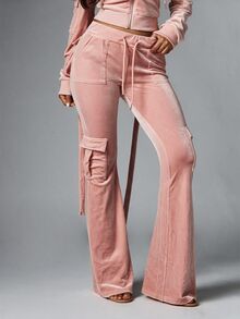 BABYPHAT Velvet Flare Cargo Trousers With Drawstring Waist And Side Patch Pockets - Retro Bell-Bottom Style - Baby Pink - View 1