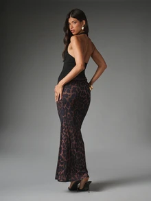 MISSGUIDED Leopard Print Mesh Maxi Skirt Mermaid Silhouette Semi Sheer Animal Print Floor Length Flared Hem Skirt - Multicolor - View 2