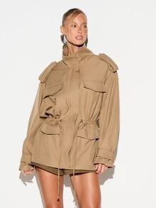 KIZN Oversized Utility Jacket With Stand Collar Drawstring Waist Patch Pockets Epaulettes And Zip Closure Fall Winter Outerwear - Brown - View 4