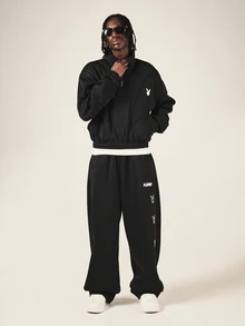PLAYBOY X SUMWON Bunny Logo Half-Zip Sweatshirt With High Neck Long Sleeve Oversized Pullover Top Fall Winter Casual Streetwear - Black - View 3